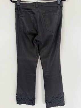 Straight Leg Women's Black Jeans with Embroidered Hem